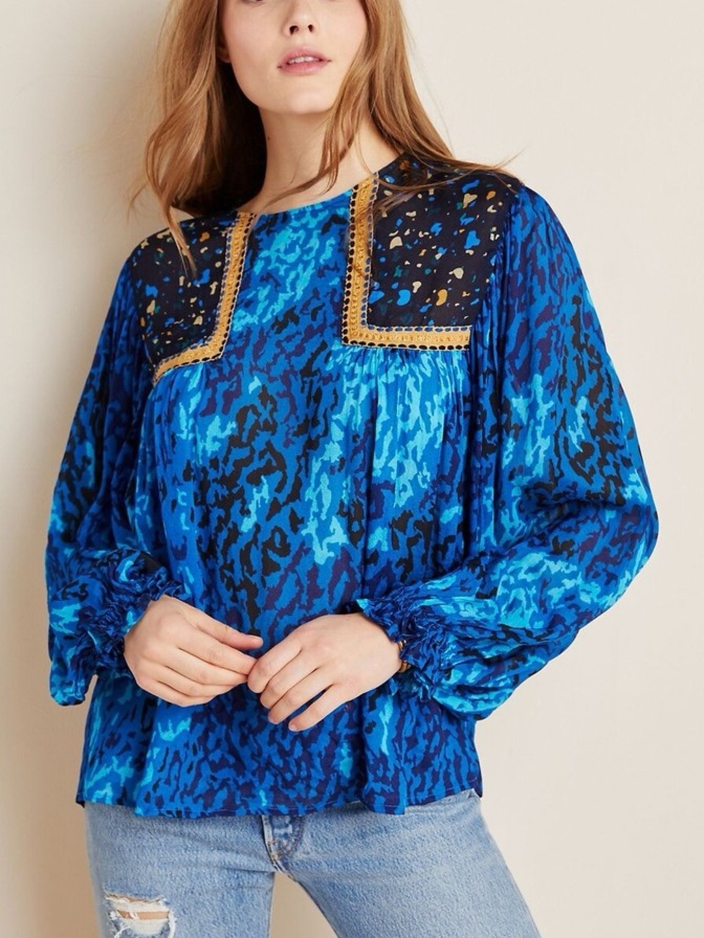 Anthro Blank London Miranda Peasant Blouse Blue Motif Leopard Boho Romantic M